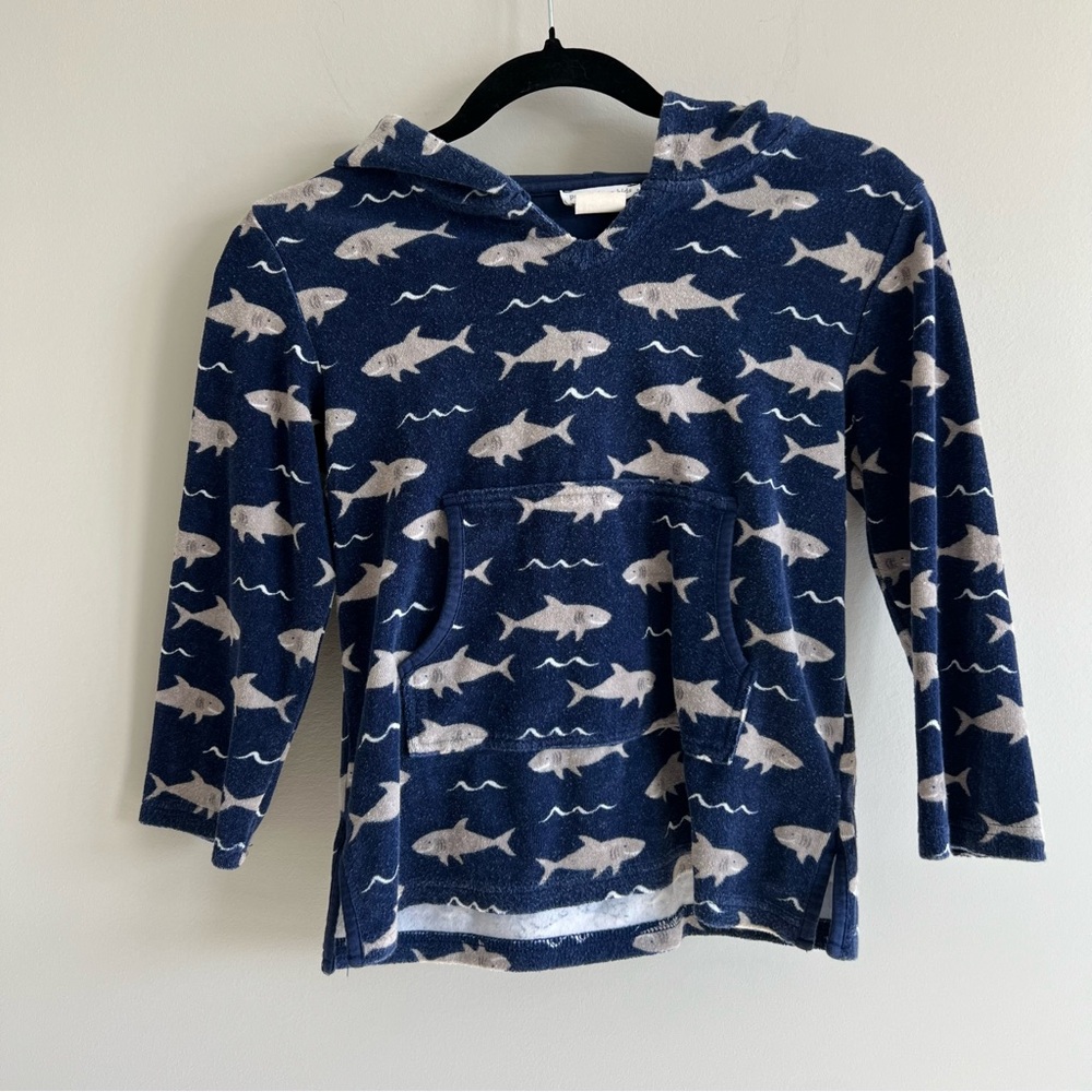 Pottery Barn Kids Boys Size 4/6 Blue Terry Cloth Shark Print Hooded Swim Cover